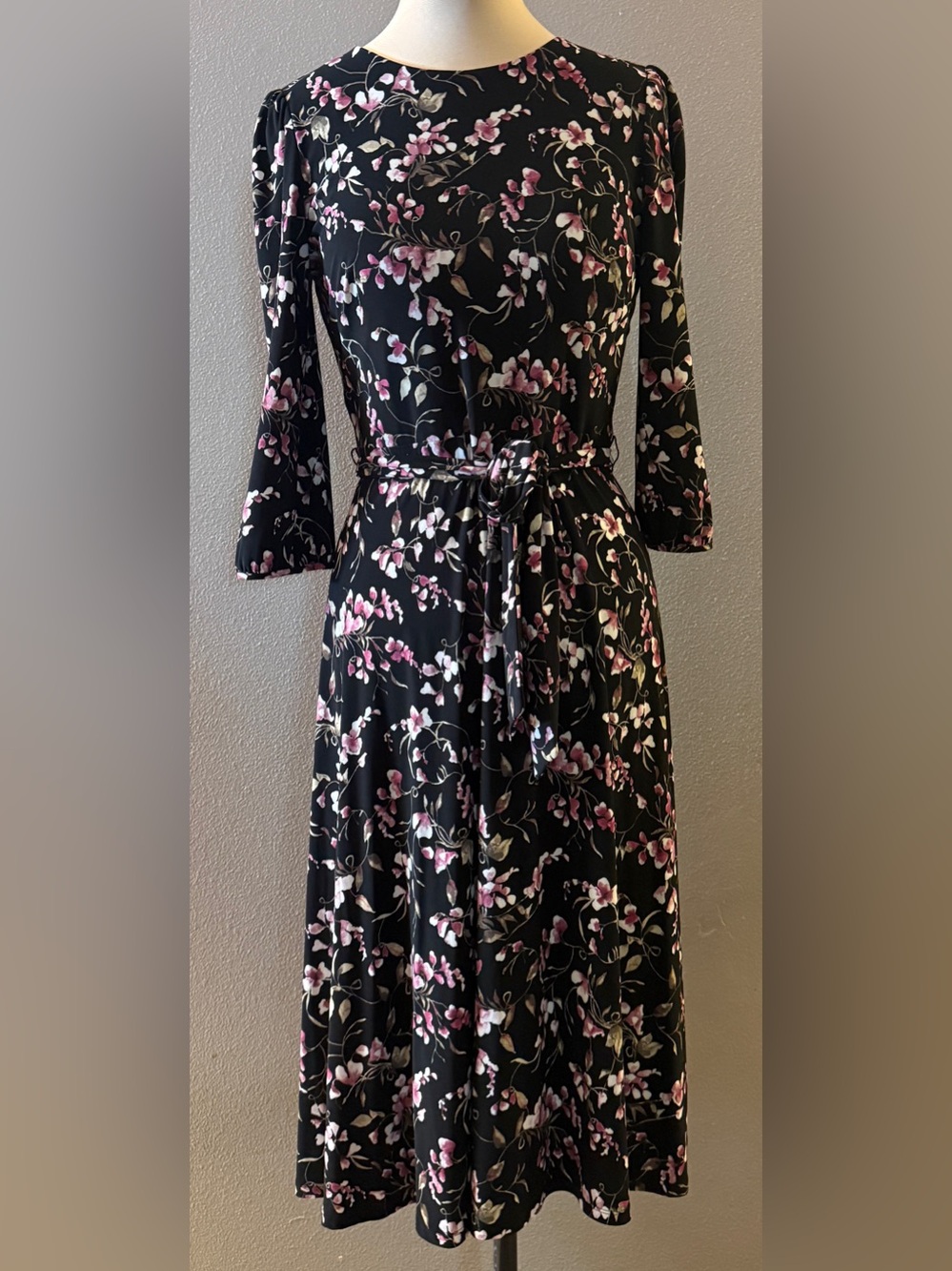 Lauren Ralph Lauren Floral Tie Waist Fit flare Dress Black Pink Floral Size 10P